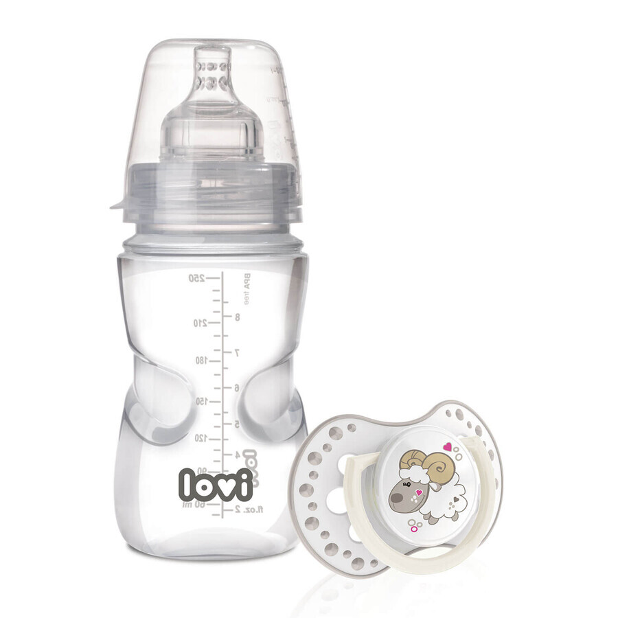 Lovi Medical+ Set, Antikolikflasche mit dynamischem Sauger, Brei, ab 6 Monate, 250 ml + Schnuller, 3-6 Monate