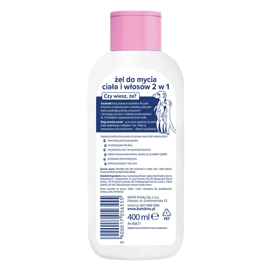 Bambino Kids, 2-in-1 wasgel voor lichaam en haar, Bolek i Lolek i surykatki, vanaf 1 jaar, 400 ml