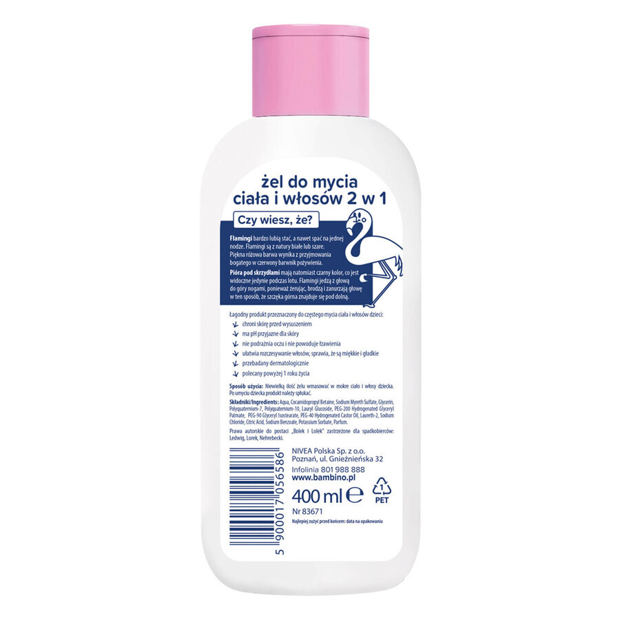 Bambino Kids, washing gel for body and hair 2 in 1, Bolek i Lolek i flamingo, from 1 year, 400 ml