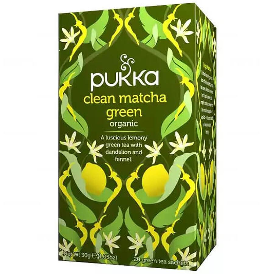 Pukka Clean Matcha Green Organic, ceai verde cu Matcha, 1,5 g x 20 pliculețe