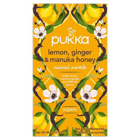 Pukka Lemon Ginger &amp; Manuka Honey Organic, fruit- en kruidenthee, gember en citroen, gearomatiseerd, 2 g x 20 builtjes 