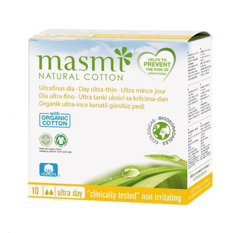 Masmi Natural Cotton, assorbenti igienici in cotone biologico, con ali, diurni, ultrasottili, 10 pezzi