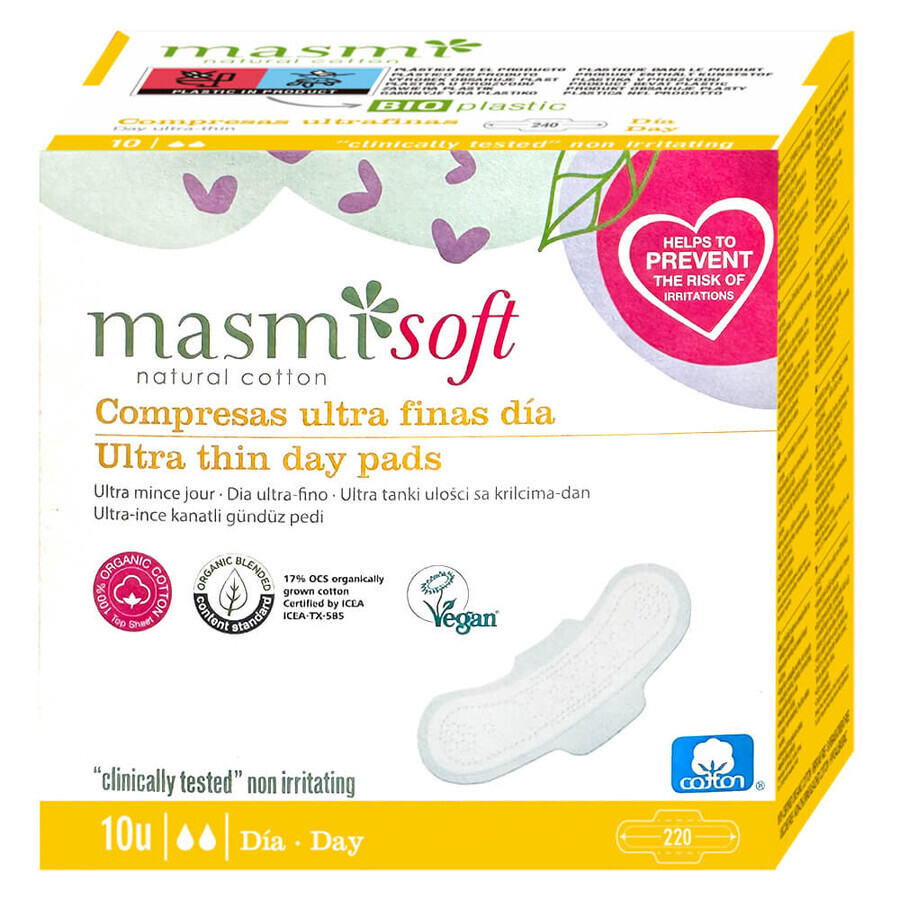 Masmi Natural Cotton Șervețele sanitare moi, din bumbac organic, cu aripi, de zi, ultra-subțiri, 10 bucăți