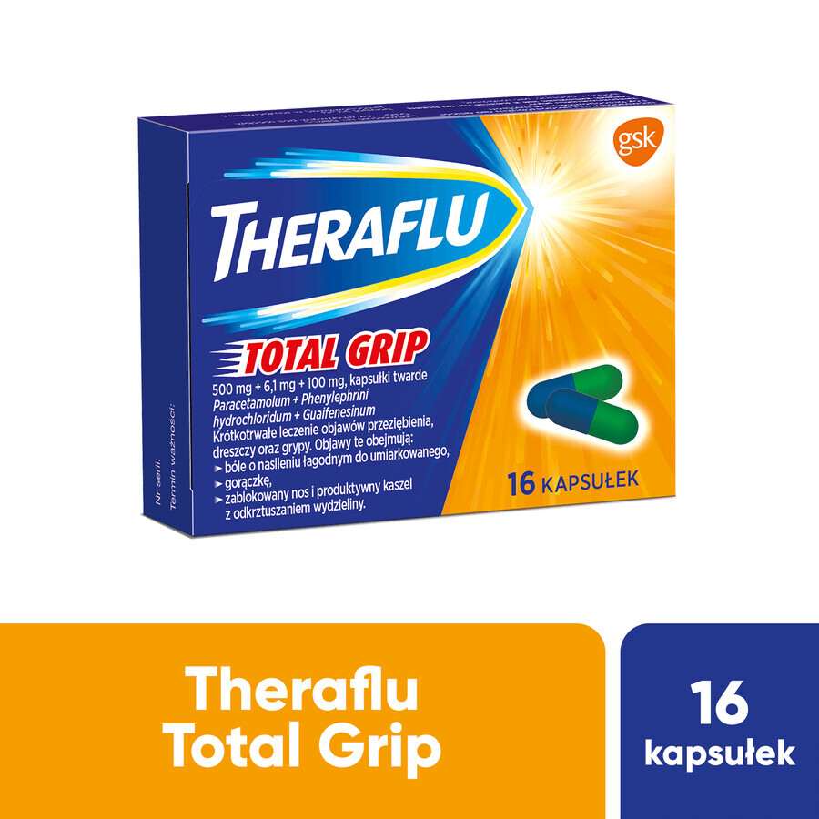 Theraflu Total Grip 500 mg + 6.1 mg + 100 mg, 16 capsules