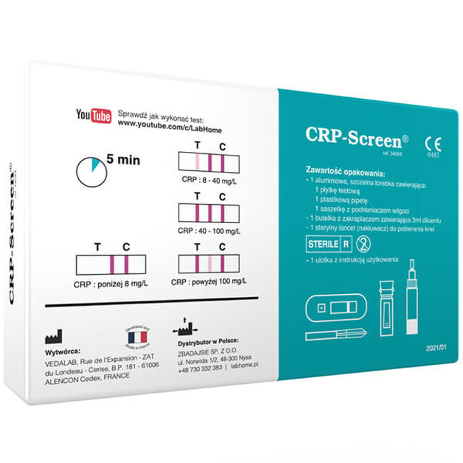 LabHome CRP-Screen, bloedtest voor CRP-eiwitniveau, diagnose van infectie en ontsteking, 1 stuk