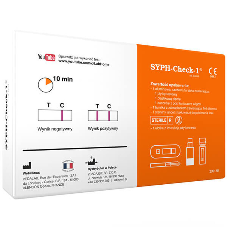 LabHome Syph-Check-1, bloedtest voor het aantonen van T. pallidum antilichamen, diagnose syfilis, 1 stuk