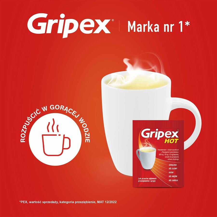 Gripex Hot 650 mg + 50 mg + 10 mg, poeder voor orale oplossing, 8 sachets