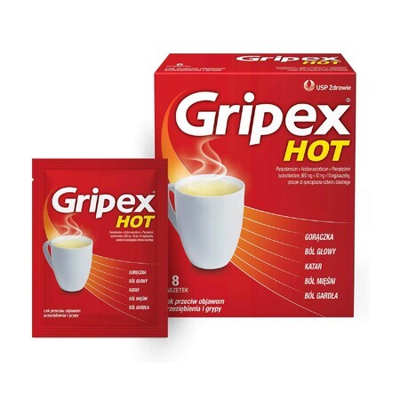 Gripex Hot 650 mg + 50 mg + 10 mg, poeder voor orale oplossing, 8 sachets