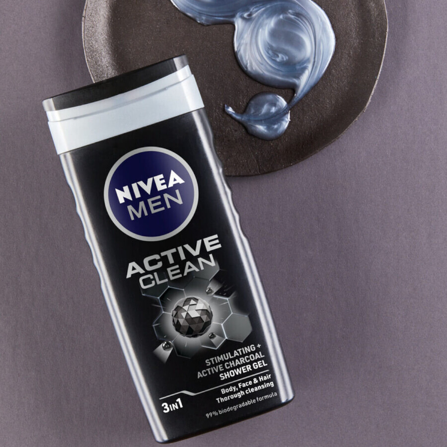 Nivea Men, Gel de duș 3 în 1 pentru față, corp și păr, Active Clean, 500 ml