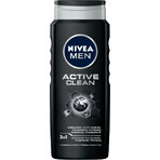 Nivea Men, Gel de duș 3 în 1 pentru față, corp și păr, Active Clean, 500 ml