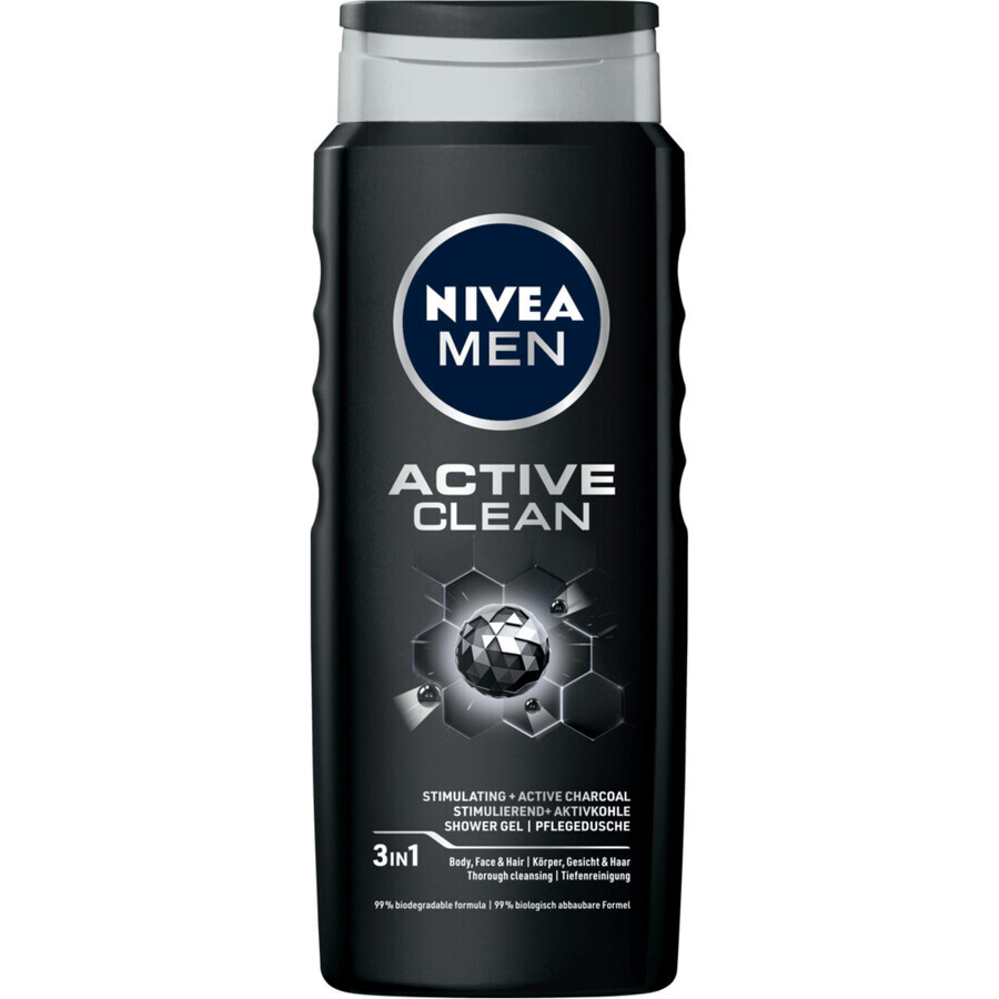 Nivea Men, Gel de duș 3 în 1 pentru față, corp și păr, Active Clean, 500 ml