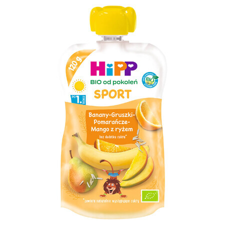 HiPP Sport Bio fruitmousse, banaan, peer, sinaasappel, mango met rijst, na 1 jaar, 120 g