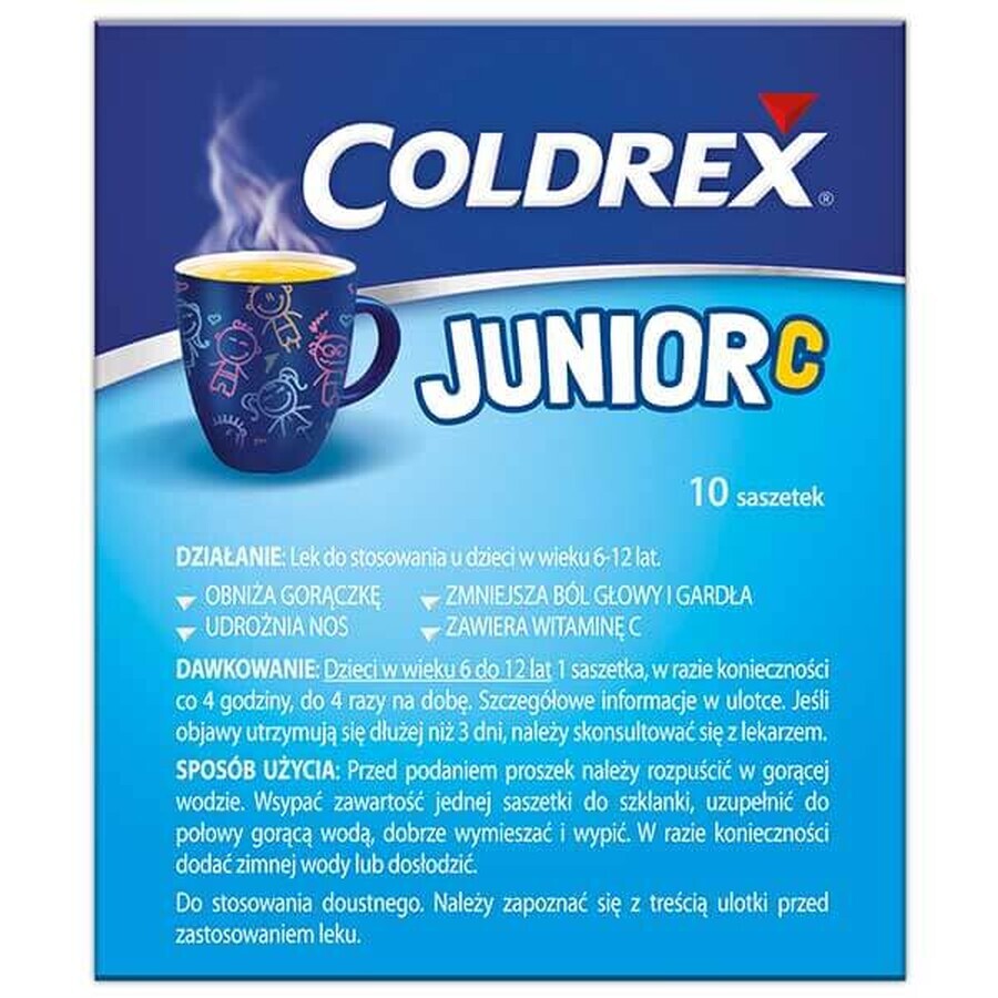 Coldrex Junior C 300 mg + 20 mg +5 mg, poeder voor orale oplossing voor kinderen van 6-12 jaar, citroensmaak, 10 sachets