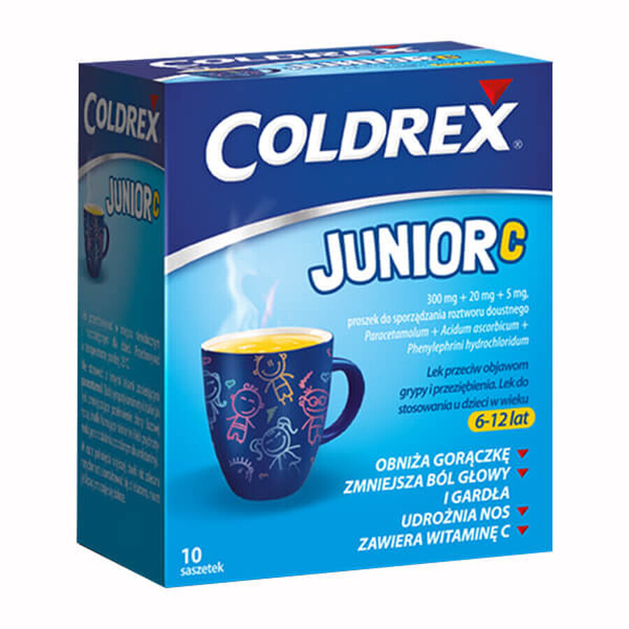 Coldrex Junior C 300 mg + 20 mg +5 mg, poeder voor orale oplossing voor kinderen van 6-12 jaar, citroensmaak, 10 sachets