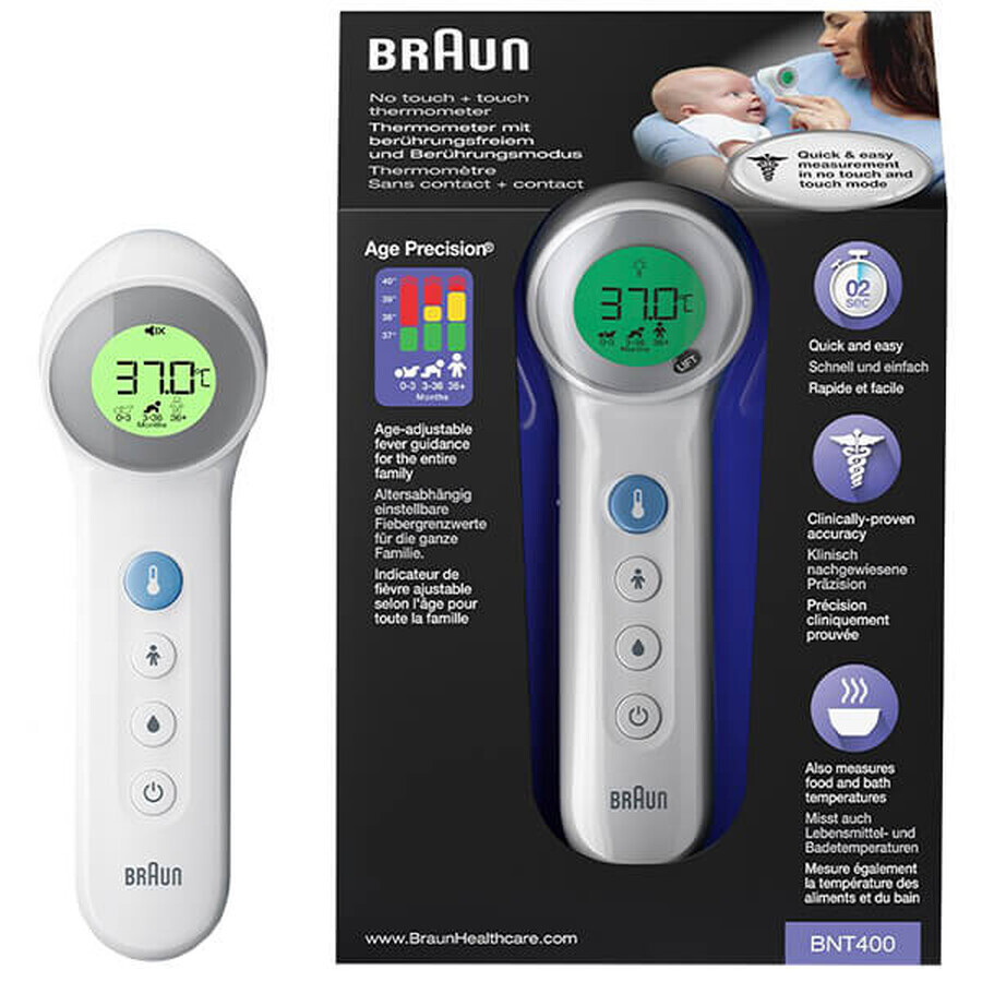 Braun BNT 400, 5-in-1 contactloze voorhoofdthermometer met leeftijdsprecisie, wit