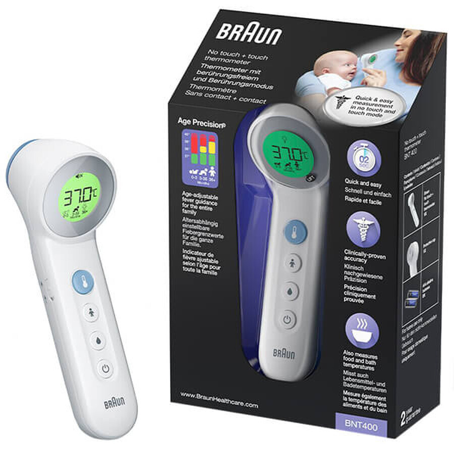 Braun BNT 400, 5-in-1 contactloze voorhoofdthermometer met leeftijdsprecisie, wit