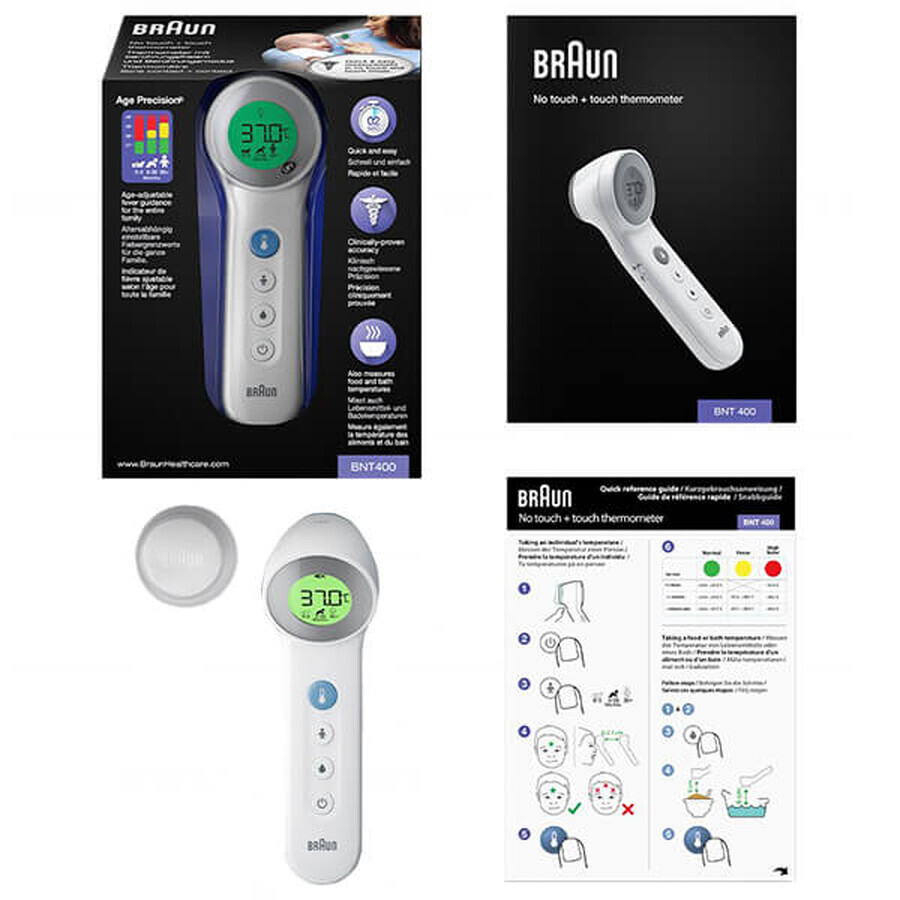 Braun BNT 400, 5-in-1 contactloze voorhoofdthermometer met leeftijdsprecisie, wit