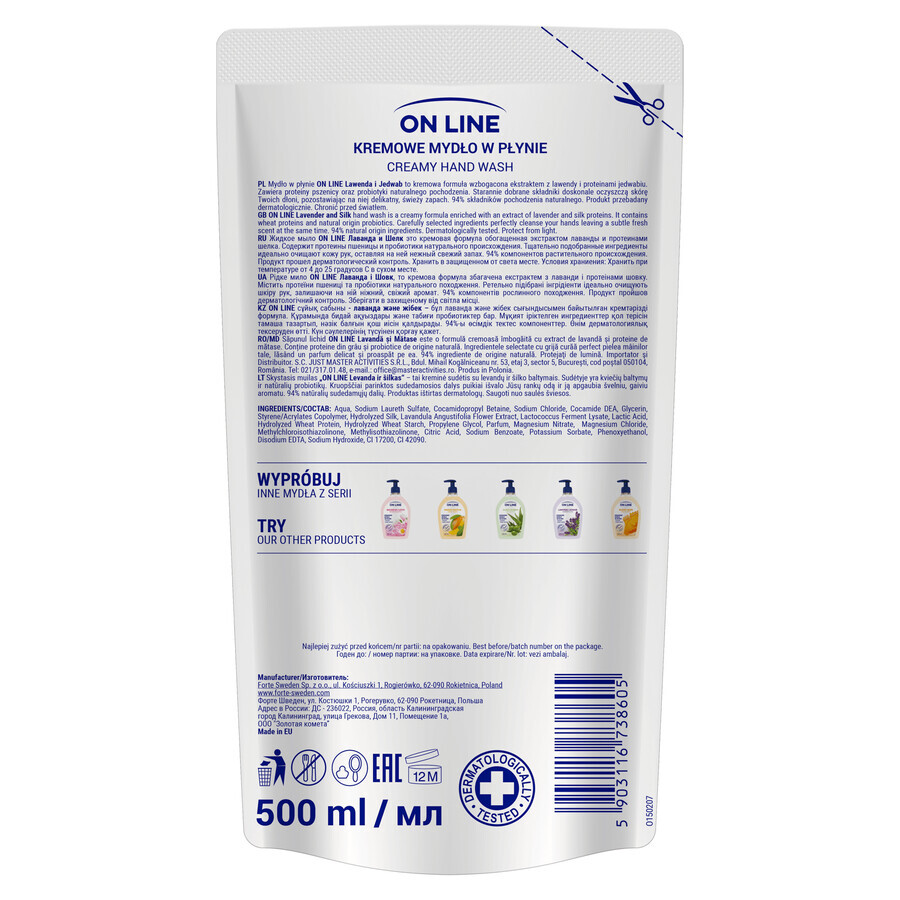 On Line, vloeibare crèmezeep, Lavendel en Zijde, bouillon, 500 ml