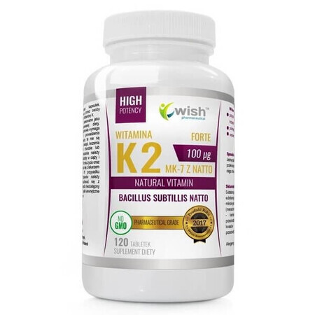 Wish, Vitamine K2 MK-7 uit Natto 100 µg, menaquinone-7, 120 tabletten