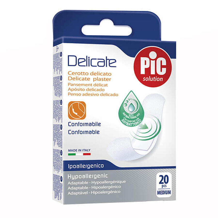 Pic Solution Delicate, pansament din ipsos, antibacterian, mediu, 19 mm x 72 mm, 20 bucăți