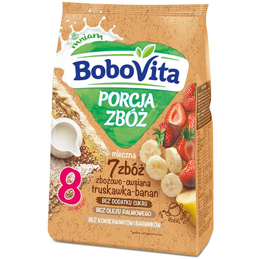 BoboVita Porcja Zbóż Gachas de cereales y avena 7 cereales, fresa-plátano, leche, sin azúcares añadidos, a partir de 8 meses, 210 g