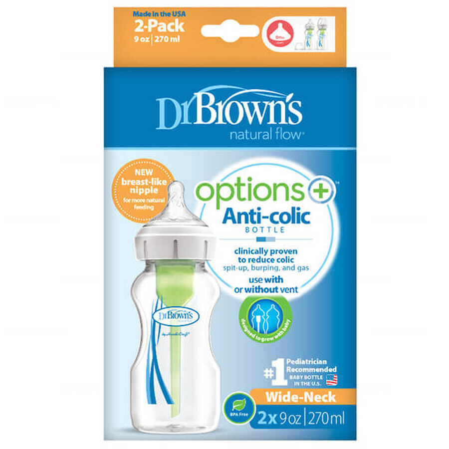 Dr Brown's Options+, biberon anti-colique, à col large, avec tétine, 2 x 270 ml