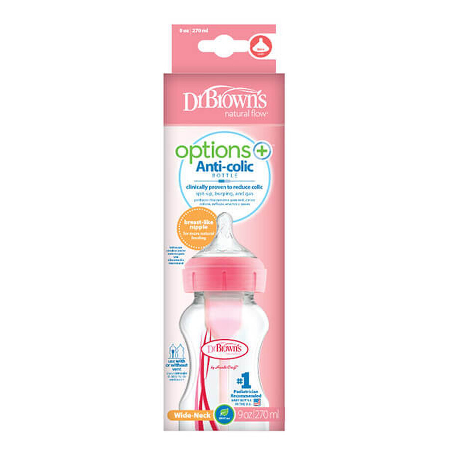 Dr Browns Options+, biberon anti-colique, à col large, avec tétine, rose, 270 ml