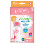 Dr Brown's, biberon anti-colique, col large Options +, avec tétine, rose, 2 x 270 ml