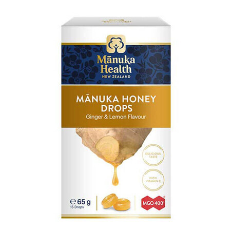 Manuka Health, bomboane cu Manuka MGOM400 + miere și vitamina C, aromă de ghimbir și lămâie, 15 bucăți