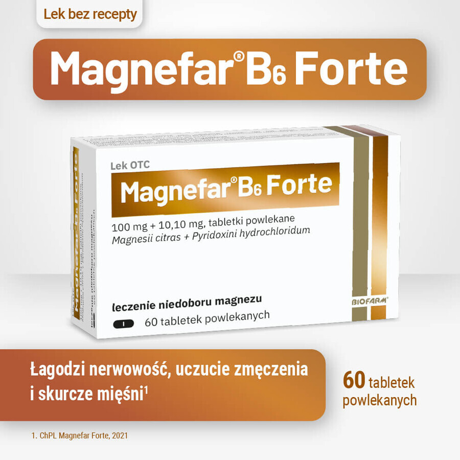 Magnefar B6 Forte 100 mg + 10.10 mg, 60 film-coated tablets