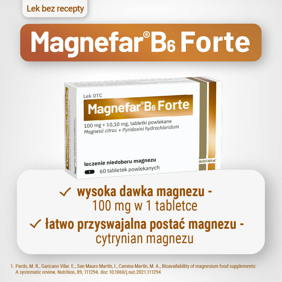 Magnefar B6 Forte 100 mg + 10.10 mg, 60 film-coated tablets