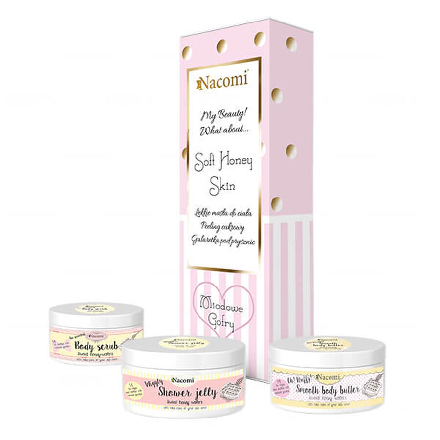 Nacomi Honey Waffles set, gel de baño en gelatina, 100 g + exfoliante corporal, 125 g + manteca corporal, 100 g