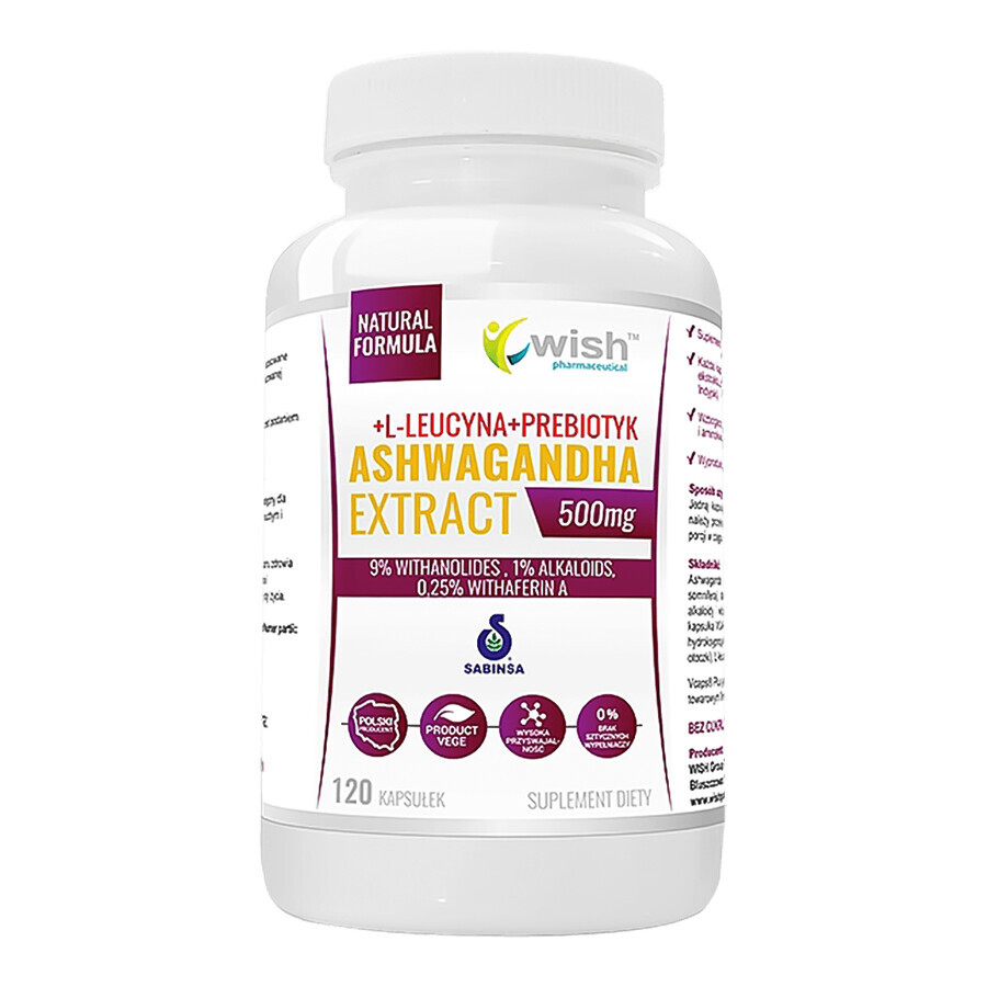 Wish Ashwagandha-extract, ashwagandha 500 mg + L-leucine + prebioticum, 120 capsules