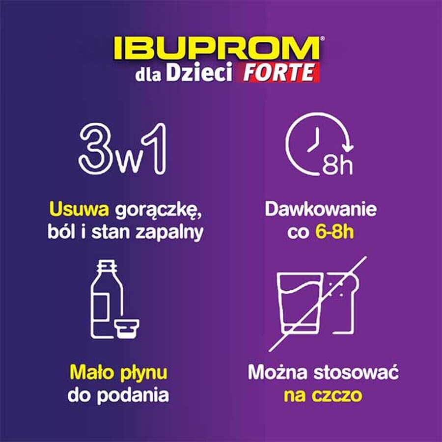 Ibuprom pentru copii Forte 200 mg/ 5 ml, suspensie orală, de la vârsta de 3 luni, aromă de căpșuni, 150 ml