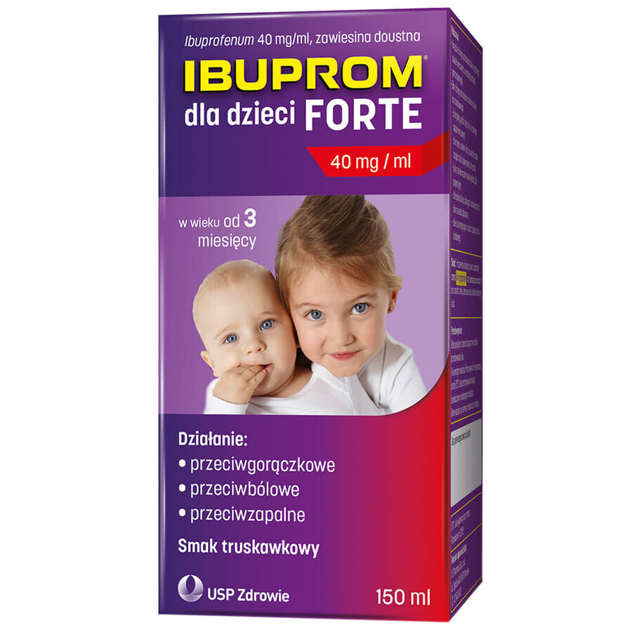 Ibuprom pentru copii Forte 200 mg/ 5 ml, suspensie orală, de la vârsta de 3 luni, aromă de căpșuni, 150 ml