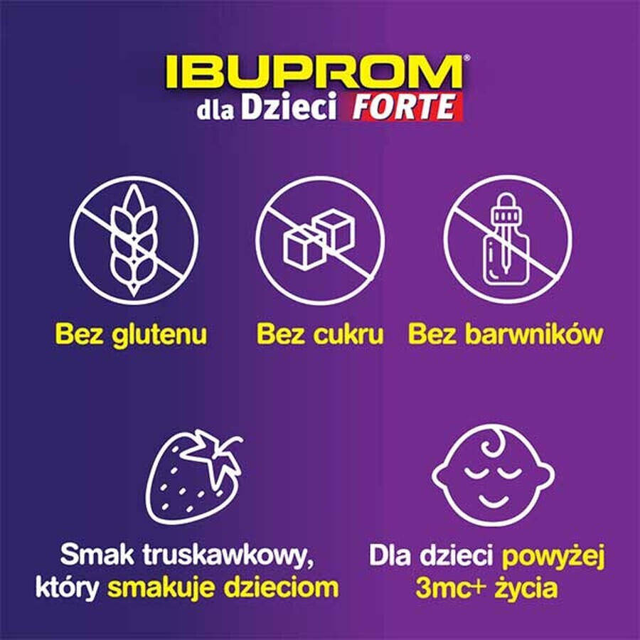 Ibuprom pentru copii Forte 200 mg/ 5 ml, suspensie orală, de la vârsta de 3 luni, aromă de căpșuni, 150 ml