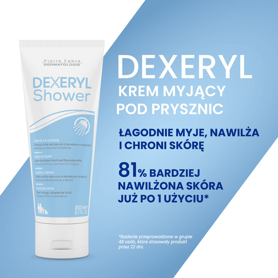 Dexeryl, Dusche, Reinigungscreme für Säuglinge, Kinder und Erwachsene, sehr trockene und zu Schuppen neigende Haut, 200 ml