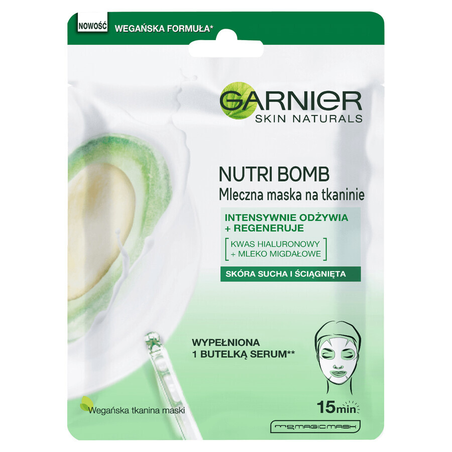 Garnier Skin Naturals Nutri Bomb, mascarilla de tela nutritiva y reconstructora, con leche de almendras, 1 pieza