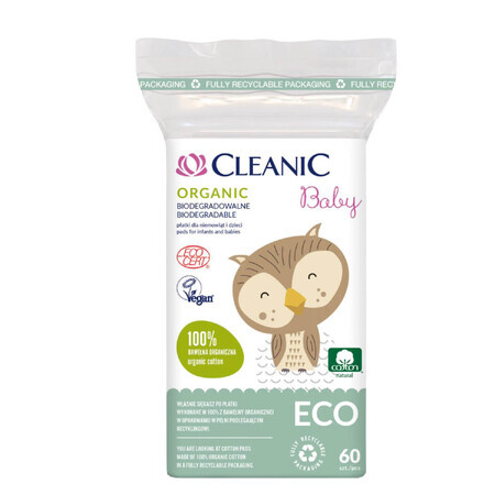 Cleanic Eco Baby Organic, tampoane de bumbac pentru bebeluși și copii, 60 bucăți