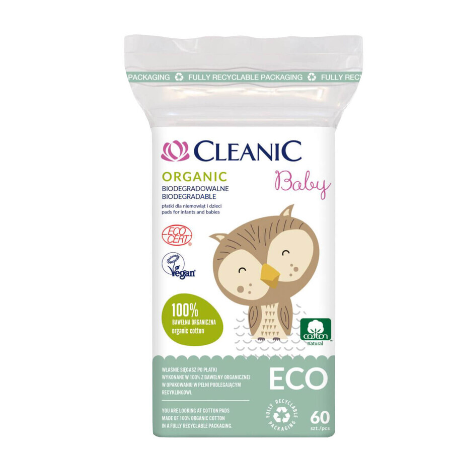 Cleanic Eco Baby Organic, tampoane de bumbac pentru bebeluși și copii, 60 bucăți