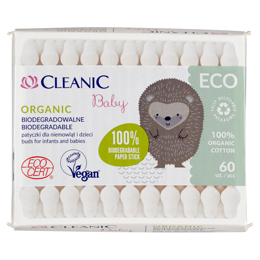 Cleanic Eco Baby Organic, wattenstaafjes voor baby's en kinderen, 60 stuks