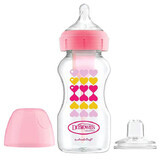 Dr Brown's Options+, Bottle to Cup Set, Anti-Colic Bottle, Wide Neck, 270ml with Teat, Level 3 + Drip Free Mouth, Pink