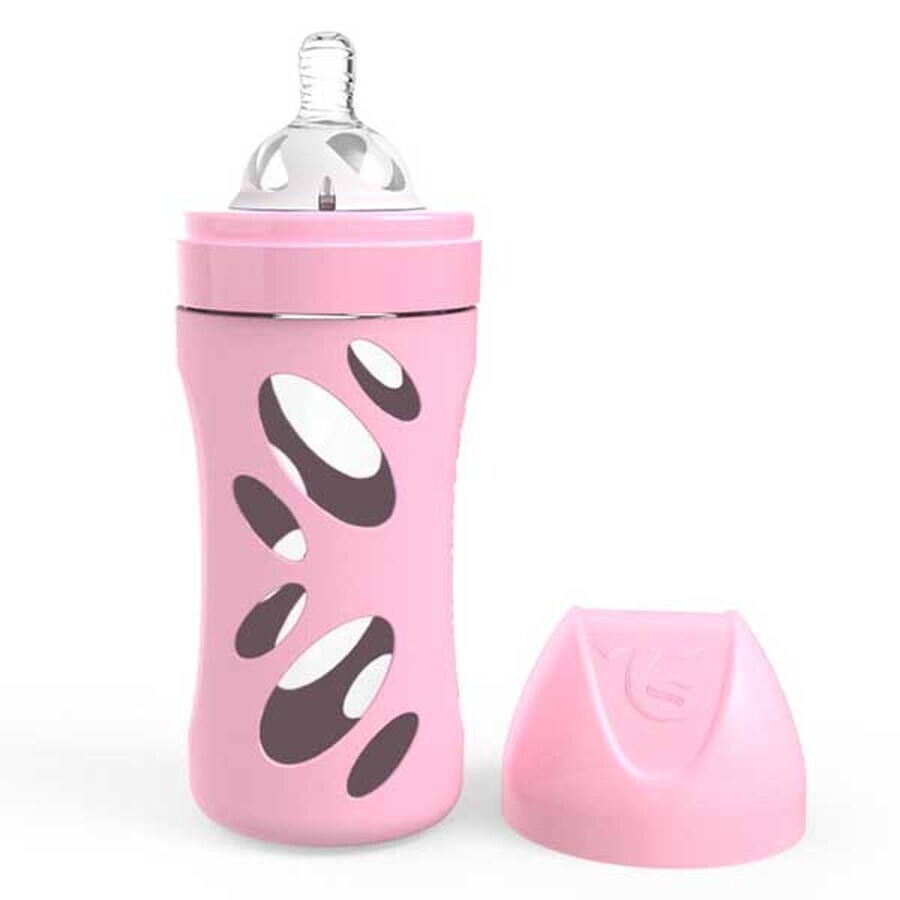 Twistshake, biberon anti-colique, verre, avec tétine M en silicone à débit moyen, rose, à partir de 2 mois, 260 ml