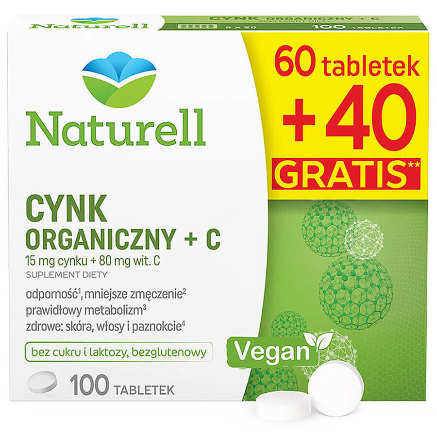 Naturell Bio Zink + C, 60 tabletten + 40 tabletten gratis