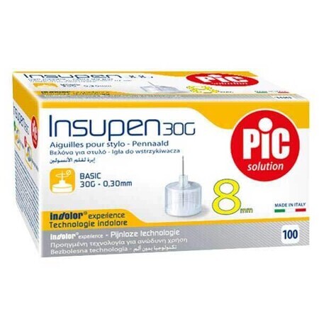 Pic Solution Insupen, ace pentru stilou cu insulină, 30G (0,30 mm) x 8 mm, 100 bucăți