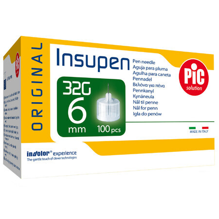 Pic Solution Insupen, agujas para pluma de insulina, 32G (0,23 mm) x 6 mm, 100 unidades