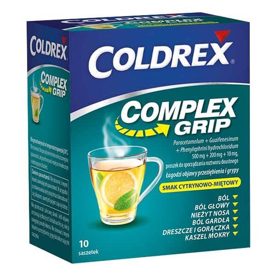 Coldrex Complex Grip 500 mg + 200 mg + 10 mg, powder for oral solution, lemon and mint flavor, 10 sachets