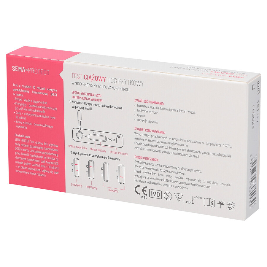 SEMA Protect, bloedplaatjes hCG zwangerschapstest, supergevoelig 10 mlU/ml, 1 stuk