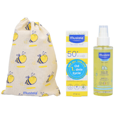 Mustela Zonneset, Baby onderweg - droge huid, zonnemelk, SPF 50, 40 ml + massageolie, 100 ml