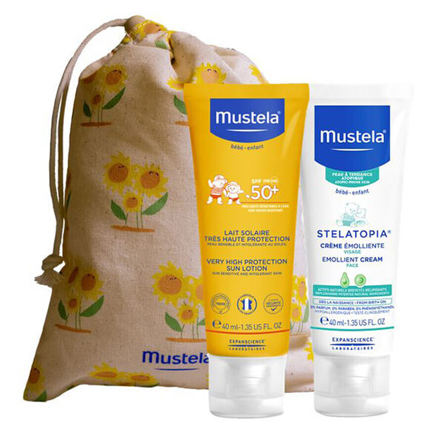 Mustela Sun set, Baby onderweg - huid met neiging tot atopie, zonnemelk, SPF 50, 40 ml + Stelatopia, gezichtscrème, 40 ml